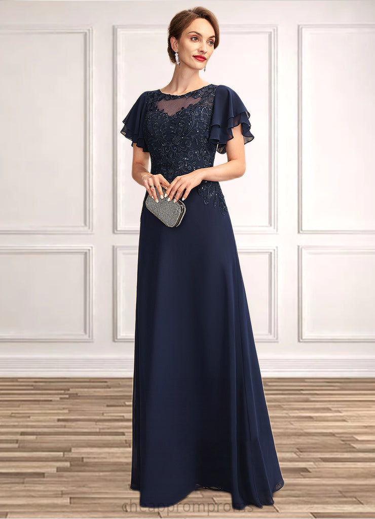 Michelle A-Line Scoop Neck Floor-Length Chiffon Lace Mother of the Bride Dress With Sequins STI126P0014857