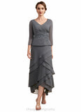 Olive A-Line V-neck Asymmetrical Chiffon Lace Mother of the Bride Dress With Ruffle Beading Sequins STI126P0014860