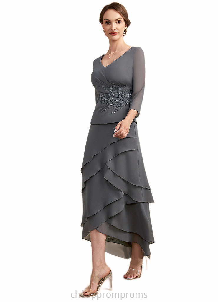 Olive A-Line V-neck Asymmetrical Chiffon Lace Mother of the Bride Dress With Ruffle Beading Sequins STI126P0014860