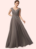 Brooklyn A-Line V-neck Floor-Length Chiffon Lace Mother of the Bride Dress With Ruffle Sequins STI126P0014870