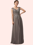 Brooklyn A-Line V-neck Floor-Length Chiffon Lace Mother of the Bride Dress With Ruffle Sequins STI126P0014870
