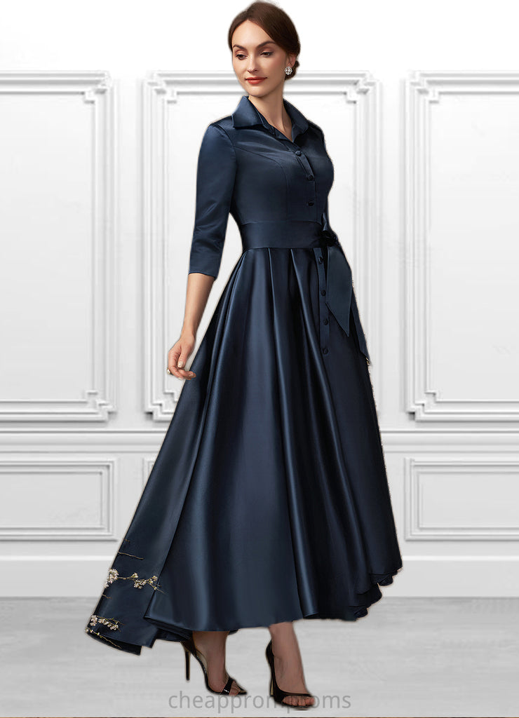 Rosalie A-Line V-neck Asymmetrical Satin Mother of the Bride Dress With Bow(s) Pockets STI126P0014879