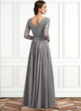 Ashly A-Line V-neck Floor-Length Chiffon Lace Mother of the Bride Dress STI126P0014881