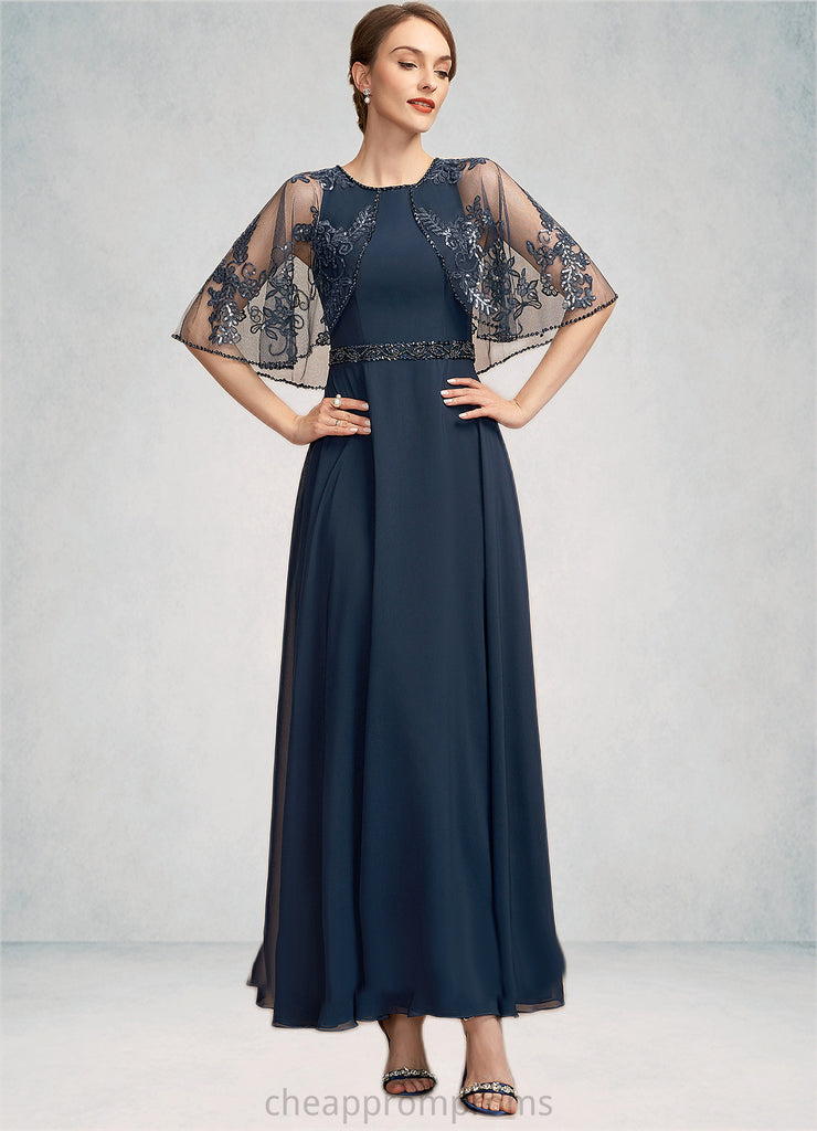 Luna A-Line Scoop Neck Ankle-Length Chiffon Lace Mother of the Bride Dress With Beading Sequins STI126P0014892