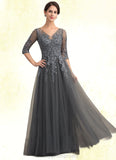 Maisie A-Line V-neck Floor-Length Tulle Lace Mother of the Bride Dress With Beading Sequins STI126P0014895