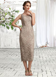 Giuliana Sheath/Column Scoop Neck Tea-Length Lace Mother of the Bride Dress With Sequins STI126P0014898