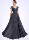Sadie A-Line V-neck Floor-Length Chiffon Lace Mother of the Bride Dress With Sequins STI126P0014901