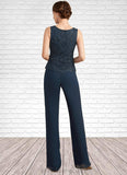 Paisley Jumpsuit/Pantsuit Scoop Neck Floor-Length Chiffon Lace Mother of the Bride Dress With Beading Sequins STI126P0014910