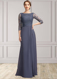 Keira A-Line Scoop Neck Floor-Length Chiffon Lace Mother of the Bride Dress With Ruffle STI126P0014917