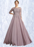 Evie A-Line Scoop Neck Floor-Length Chiffon Lace Mother of the Bride Dress With Sequins STI126P0014918