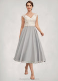Lila A-Line V-neck Tea-Length Chiffon Lace Mother of the Bride Dress With Beading STI126P0014919