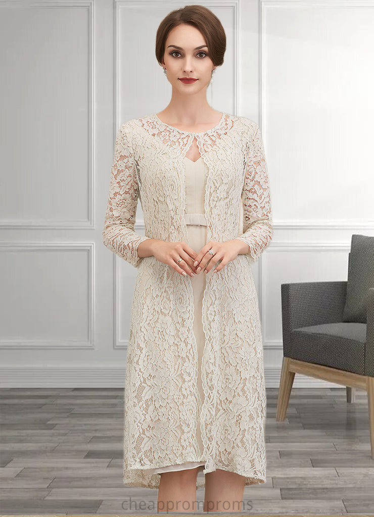 Angeline Sheath/Column V-neck Knee-Length Chiffon Lace Mother of the Bride Dress With Bow(s) STI126P0014924