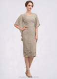 Denisse Sheath/Column V-neck Knee-Length Chiffon Lace Mother of the Bride Dress With Cascading Ruffles STI126P0014925
