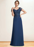 Hazel A-Line V-neck Floor-Length Chiffon Lace Mother of the Bride Dress With Sequins STI126P0014938