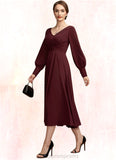 Genesis A-Line V-neck Tea-Length Mother of the Bride Dress With Ruffle STI126P0014948