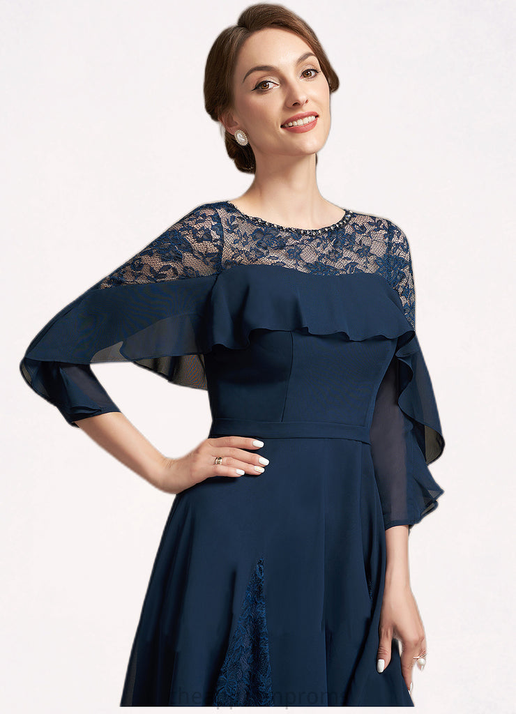 Lucy A-Line Scoop Neck Tea-Length Chiffon Lace Mother of the Bride Dress With Beading Cascading Ruffles STI126P0014952