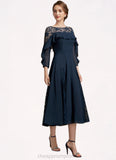 Lucy A-Line Scoop Neck Tea-Length Chiffon Lace Mother of the Bride Dress With Beading Cascading Ruffles STI126P0014952
