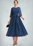 Alyson A-Line Scoop Neck Tea-Length Chiffon Mother of the Bride Dress With Ruffle Bow(s) STI126P0014954