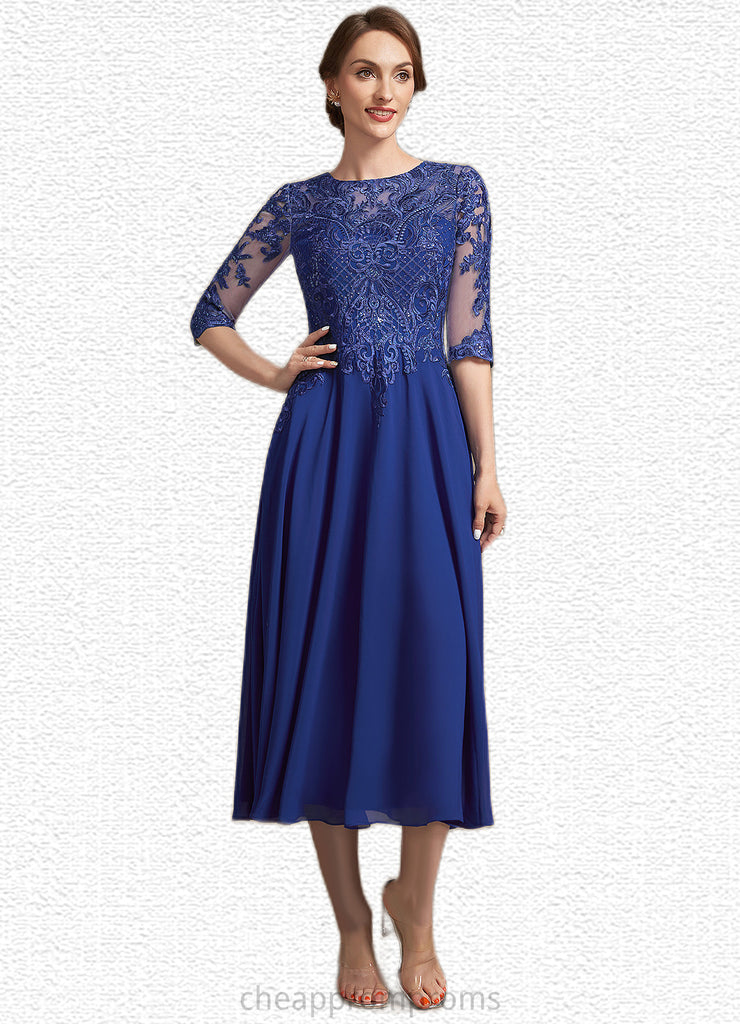 Makenna A-Line Scoop Neck Tea-Length Chiffon Lace Mother of the Bride Dress With Sequins STI126P0014959