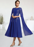 Saige A-Line Scoop Neck Tea-Length Chiffon Lace Mother of the Bride Dress With Sequins STI126P0014960