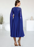 Saige A-Line Scoop Neck Tea-Length Chiffon Lace Mother of the Bride Dress With Sequins STI126P0014960