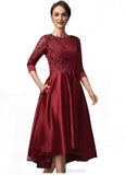 Armani A-Line Scoop Neck Asymmetrical Satin Lace Mother of the Bride Dress With Sequins Pockets STI126P0014962