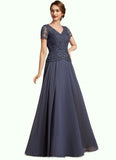 Harley A-Line V-neck Floor-Length Chiffon Lace Mother of the Bride Dress With Sequins STI126P0014964