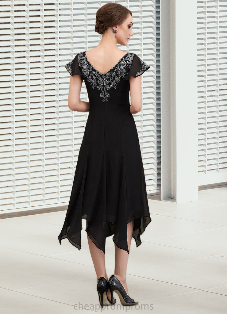 Alejandra A-Line V-neck Tea-Length Chiffon Lace Mother of the Bride Dress With Sequins STI126P0014967
