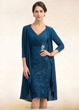 Nevaeh Sheath/Column V-neck Knee-Length Chiffon Lace Mother of the Bride Dress With Crystal Brooch STI126P0014972