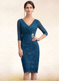 Nevaeh Sheath/Column V-neck Knee-Length Chiffon Lace Mother of the Bride Dress With Crystal Brooch STI126P0014972