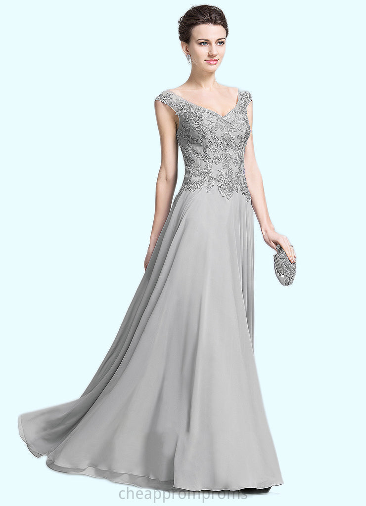 Rachael A-Line V-neck Floor-Length Chiffon Mother of the Bride Dress With Appliques Lace STI126P0014974