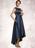 Germaine A-Line Scoop Neck Asymmetrical Satin Mother of the Bride Dress With Bow(s) Pockets STI126P0014976
