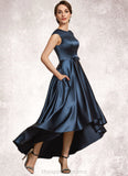 Germaine A-Line Scoop Neck Asymmetrical Satin Mother of the Bride Dress With Bow(s) Pockets STI126P0014976