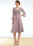Katharine A-Line V-neck Knee-Length Chiffon Lace Mother of the Bride Dress With Sequins Cascading Ruffles STI126P0014977