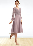 Katharine A-Line V-neck Knee-Length Chiffon Lace Mother of the Bride Dress With Sequins Cascading Ruffles STI126P0014977
