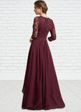Zara A-Line V-neck Asymmetrical Chiffon Lace Mother of the Bride Dress With Beading Sequins STI126P0014980