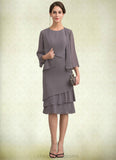 Evangeline A-Line Scoop Neck Knee-Length Chiffon Mother of the Bride Dress With Cascading Ruffles STI126P0014981