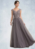Aubrey A-Line/Princess V-neck Floor-Length Tulle Lace Mother of the Bride Dress With Sequins STI126P0014985