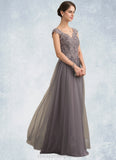 Aubrey A-Line/Princess V-neck Floor-Length Tulle Lace Mother of the Bride Dress With Sequins STI126P0014985