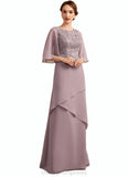 Claire A-Line Scoop Neck Floor-Length Chiffon Lace Mother of the Bride Dress With Sequins Cascading Ruffles STI126P0014991