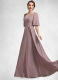 Paityn A-Line V-neck Floor-Length Chiffon Mother of the Bride Dress With Ruffle STI126P0014992