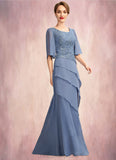 Victoria A-Line Scoop Neck Floor-Length Chiffon Lace Mother of the Bride Dress With Sequins Cascading Ruffles STI126P0014997