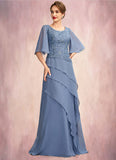 Victoria A-Line Scoop Neck Floor-Length Chiffon Lace Mother of the Bride Dress With Sequins Cascading Ruffles STI126P0014997