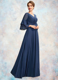 Natalee A-Line V-neck Floor-Length Chiffon Mother of the Bride Dress With Cascading Ruffles STI126P0015003