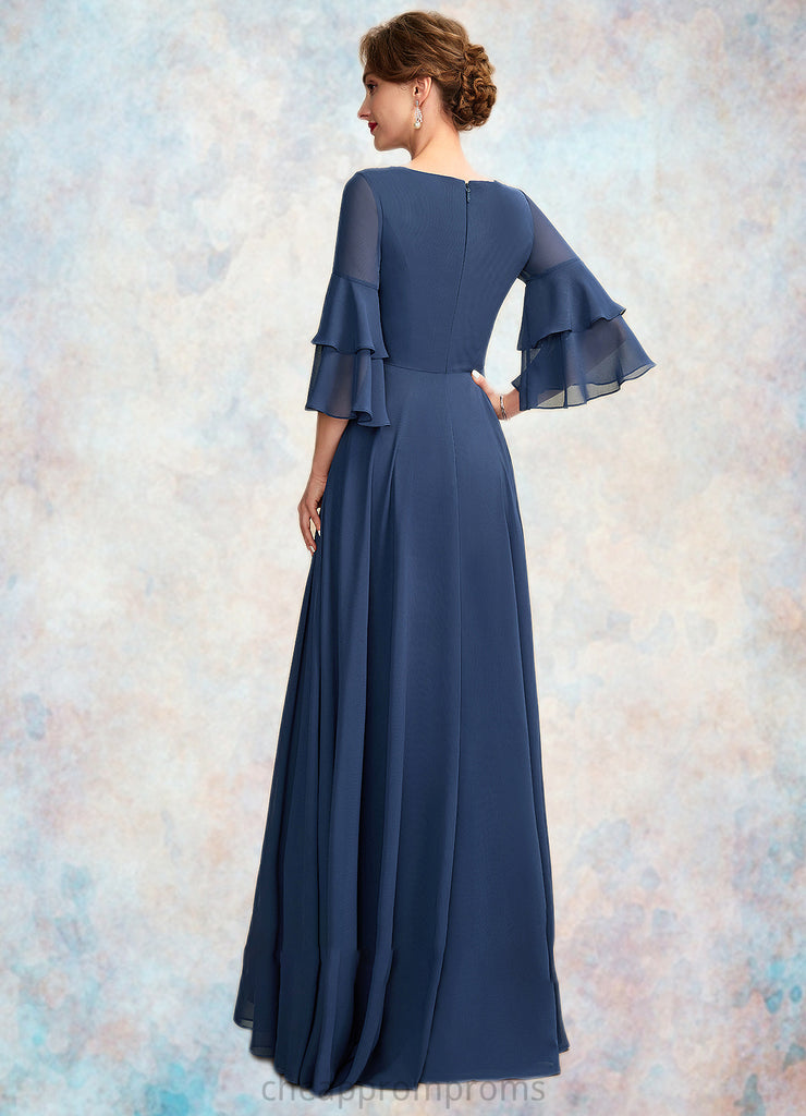 Natalee A-Line V-neck Floor-Length Chiffon Mother of the Bride Dress With Cascading Ruffles STI126P0015003