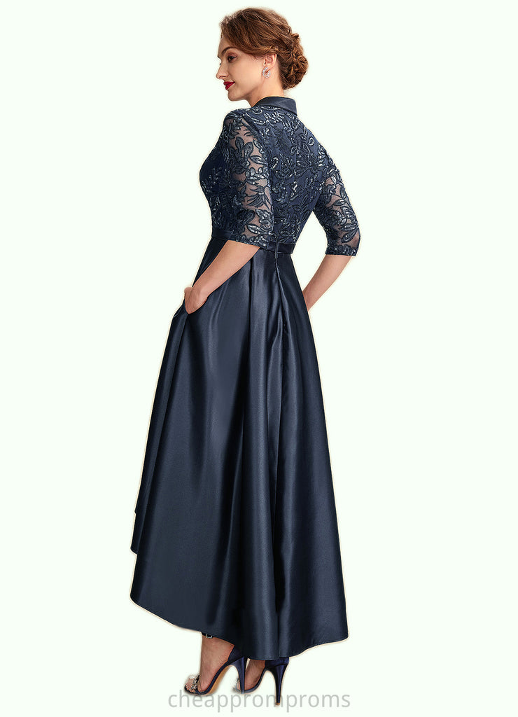 Payton A-Line V-neck Asymmetrical Satin Lace Mother of the Bride Dress With Sequins Pockets STI126P0015008