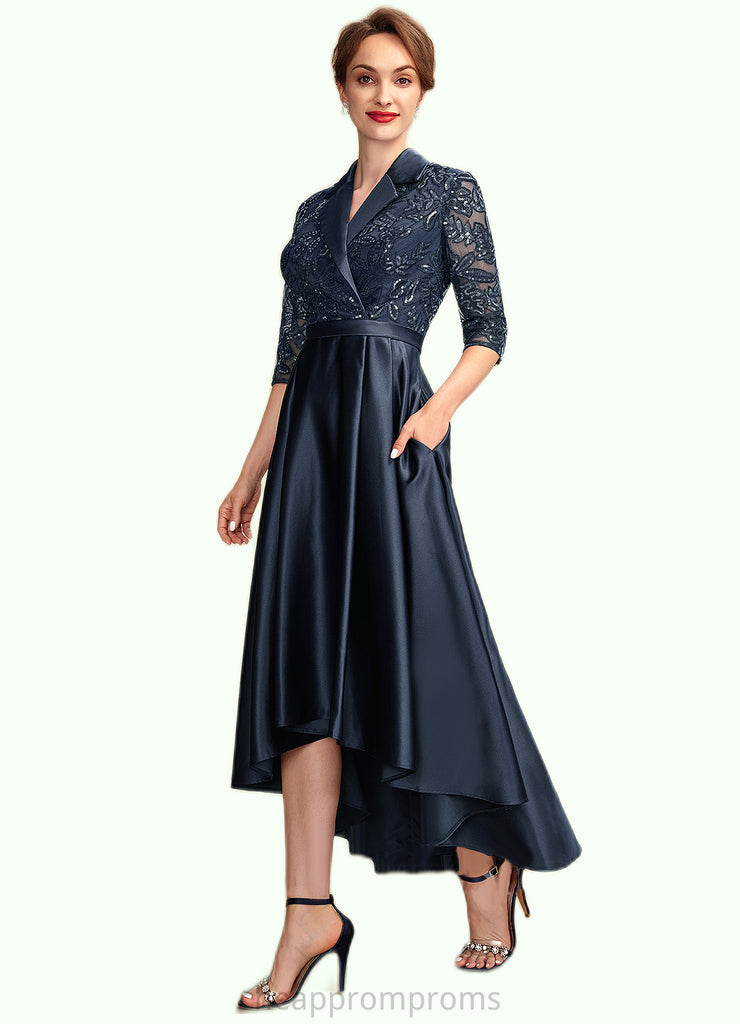 Payton A-Line V-neck Asymmetrical Satin Lace Mother of the Bride Dress With Sequins Pockets STI126P0015008