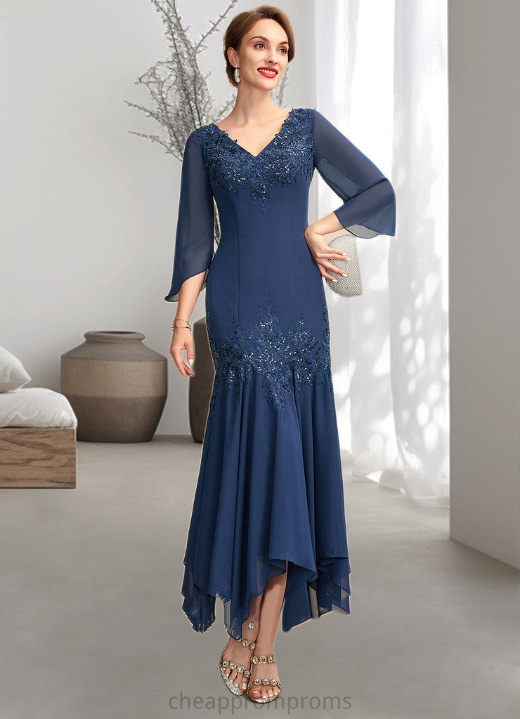 Rylee Trumpet/Mermaid V-neck Ankle-Length Chiffon Mother of the Bride Dress With Appliques Lace Sequins STI126P0015009