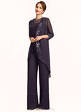 Melanie Jumpsuit/Pantsuit Scoop Neck Floor-Length Chiffon Lace Mother of the Bride Dress With Sequins STI126P0015010