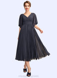 Paisley A-Line V-neck Tea-Length Chiffon Mother of the Bride Dress With Pleated STI126P0015012